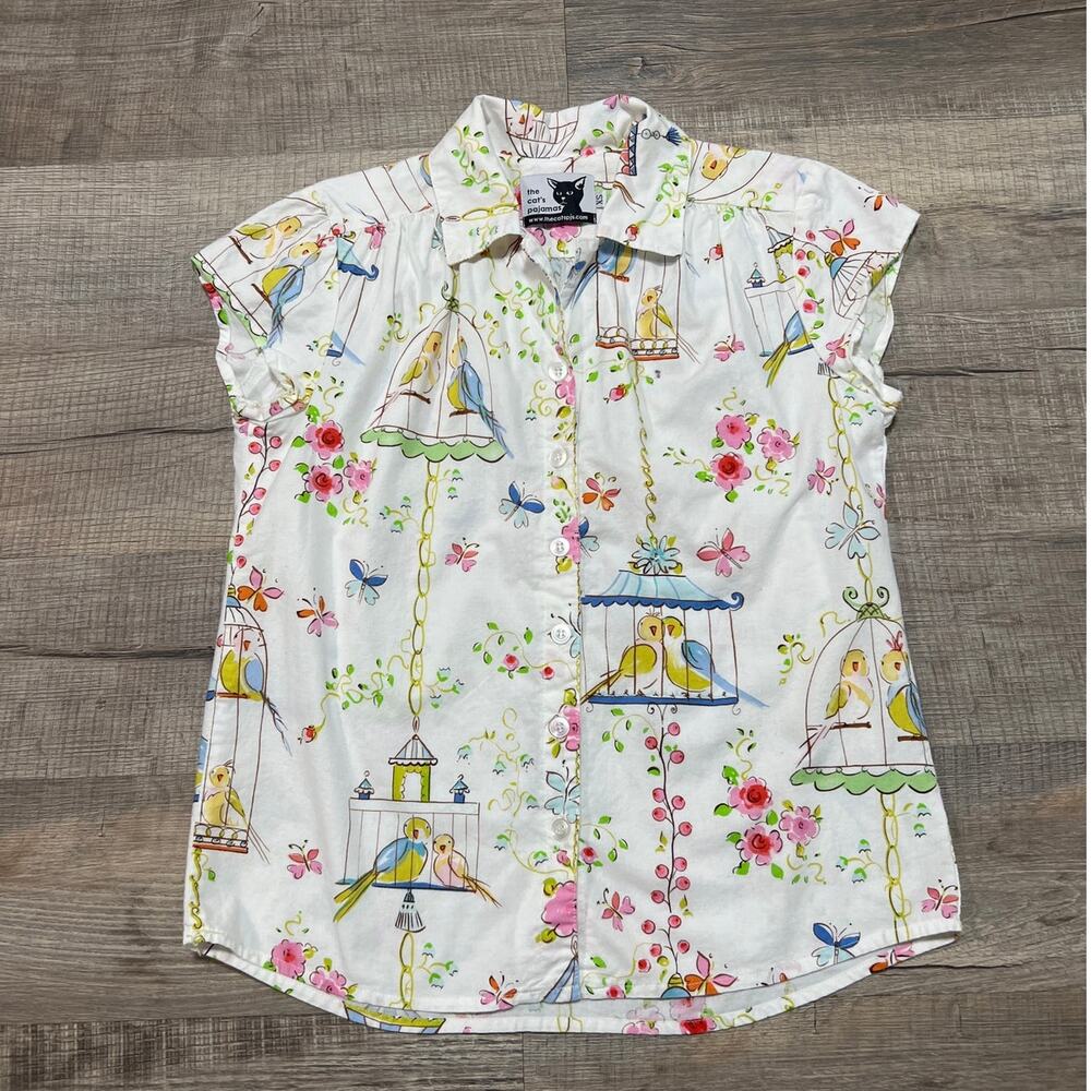 The Cat's Pajamas‎ Button Up PJ Top XS Lover Birds Birdcage Floral Short Sleeve